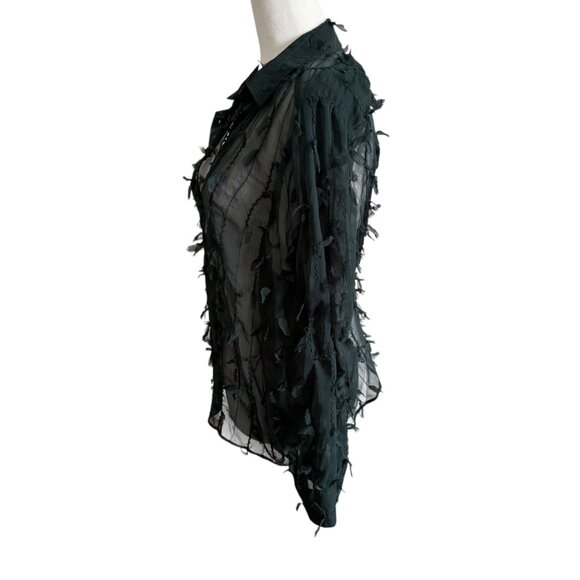 ARA Green Olive FRINGED SHIRT Semi-sheer Collared Long Sleeve Size Small - Picture 2 of 10